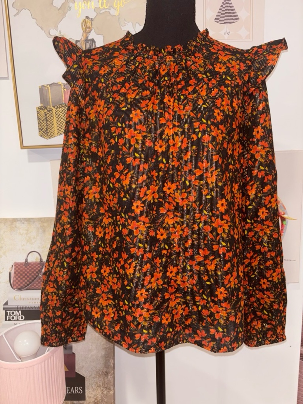 GAP Black Blouse with Orange Floral Print